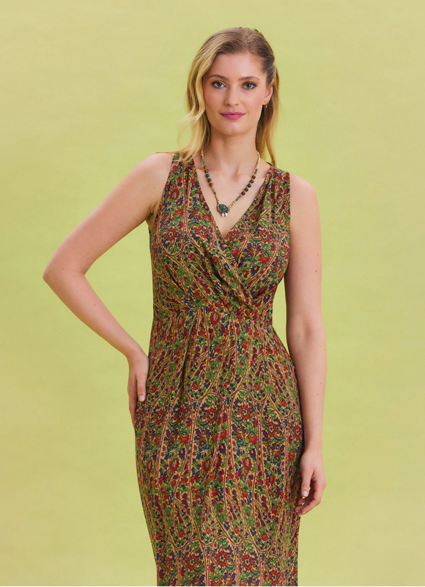 V Neck Slit Detail Patterned Green Long Dress 4455